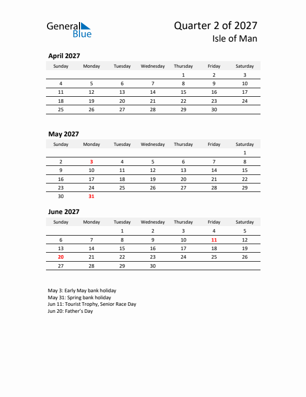 2027 Q2 Three-Month Calendar for Isle of Man