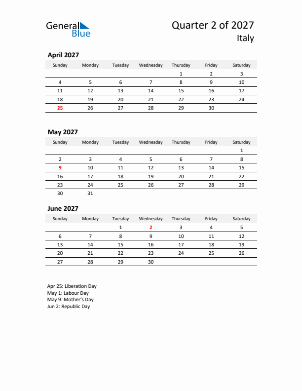 2027 Q2 Three-Month Calendar for Italy