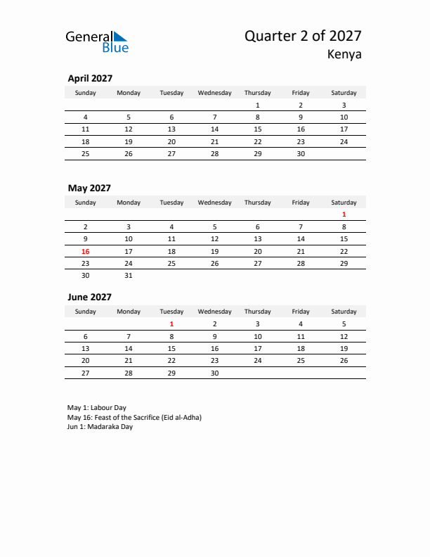 2027 Q2 Three-Month Calendar for Kenya