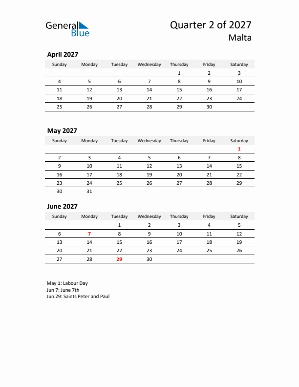 2027 Q2 Three-Month Calendar for Malta