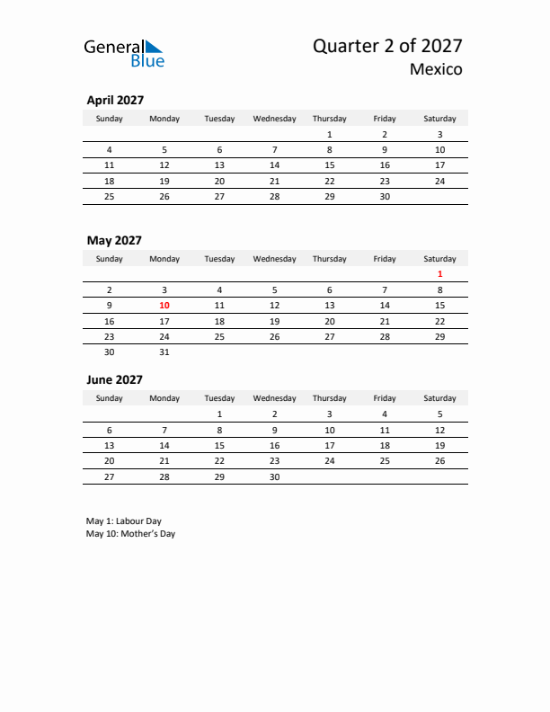 2027 Q2 Three-Month Calendar for Mexico