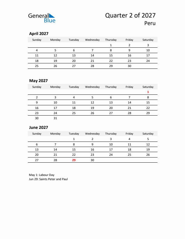 2027 Q2 Three-Month Calendar for Peru