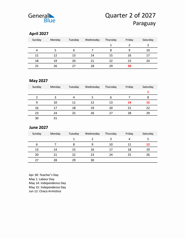 2027 Q2 Three-Month Calendar for Paraguay