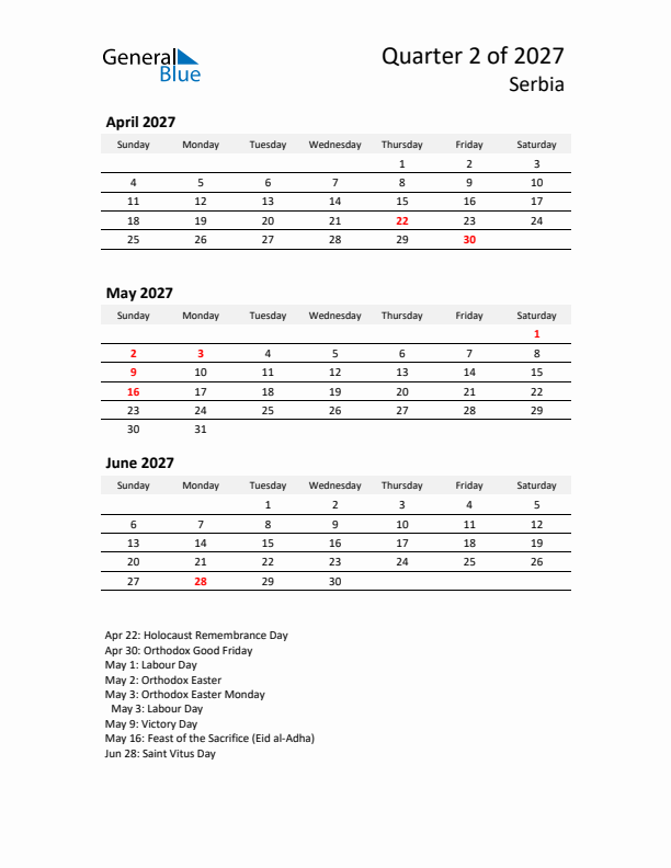 2027 Q2 Three-Month Calendar for Serbia