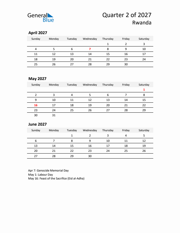 2027 Q2 Three-Month Calendar for Rwanda