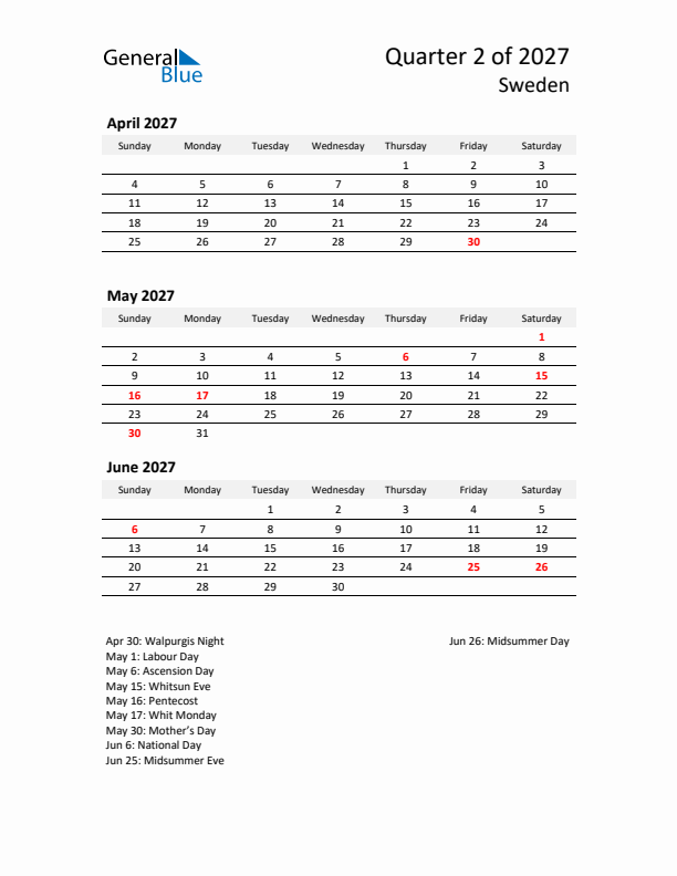 2027 Q2 Three-Month Calendar for Sweden