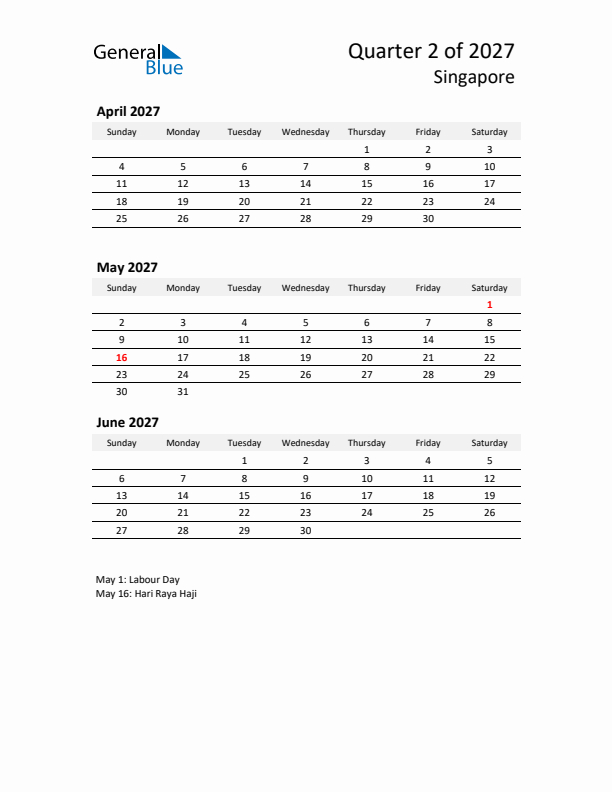 2027 Q2 Three-Month Calendar for Singapore