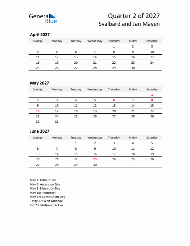 2027 Q2 Three-Month Calendar for Svalbard and Jan Mayen