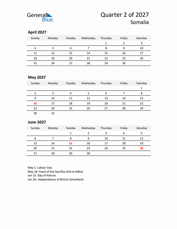 2027 Q2 Three-Month Calendar for Somalia