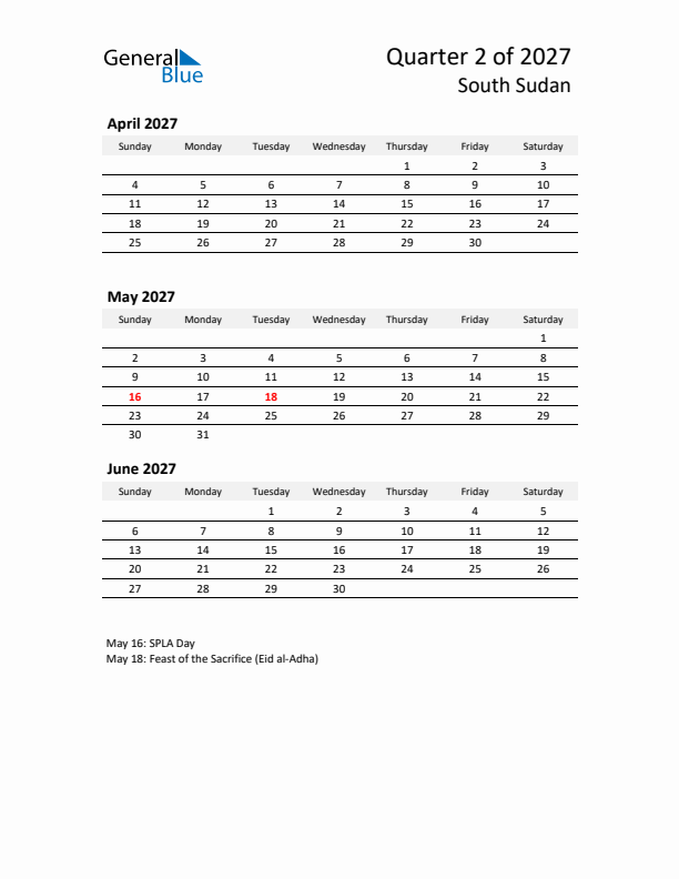 2027 Q2 Three-Month Calendar for South Sudan