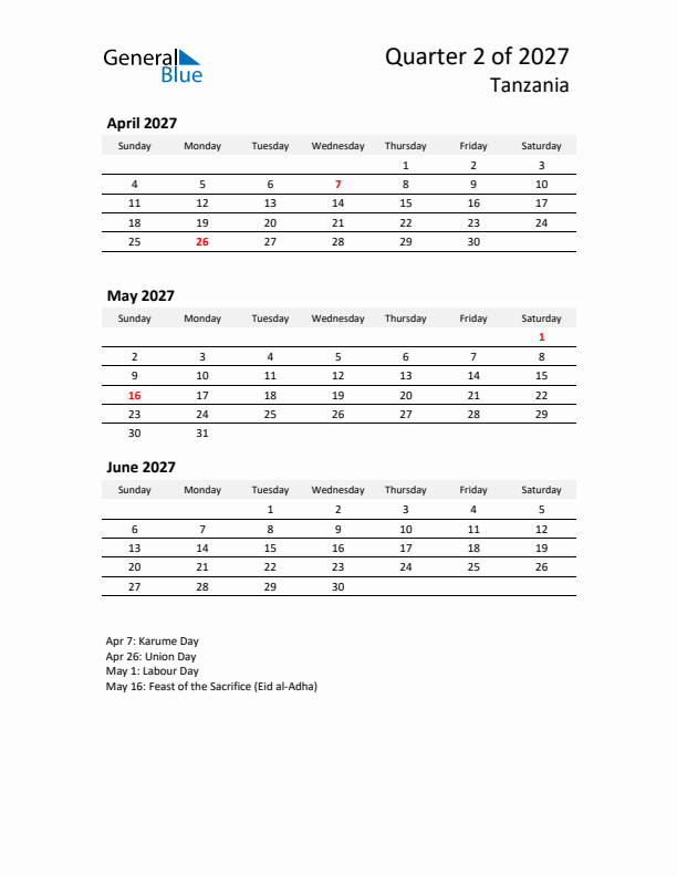 2027 Q2 Three-Month Calendar for Tanzania