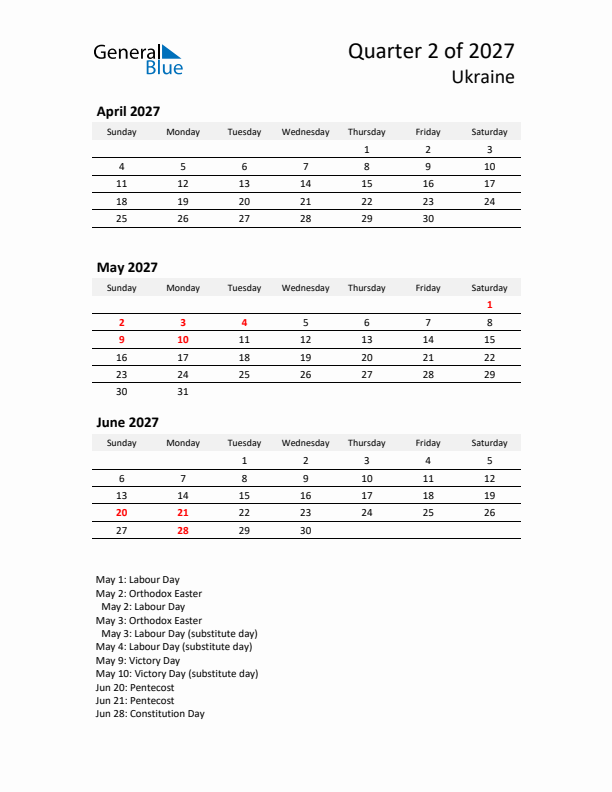 2027 Q2 Three-Month Calendar for Ukraine