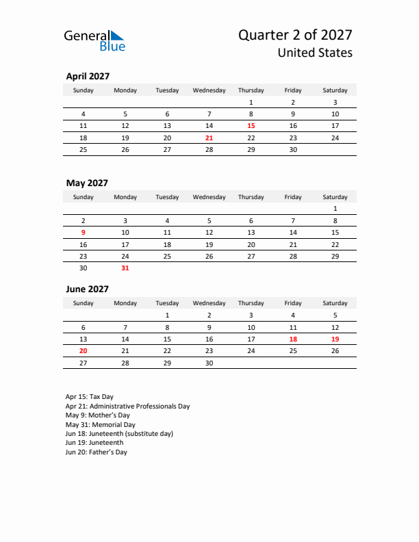 2027 Q2 Three-Month Calendar for United States