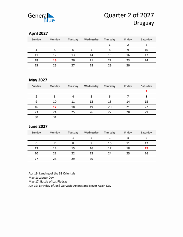 2027 Q2 Three-Month Calendar for Uruguay