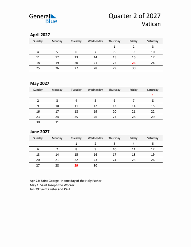 2027 Q2 Three-Month Calendar for Vatican