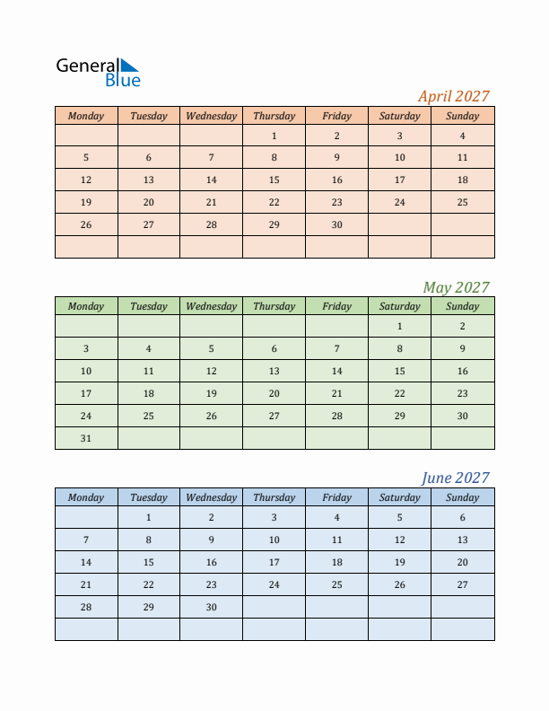 Three-Month Calendar for Year 2027 (April, May, and June)