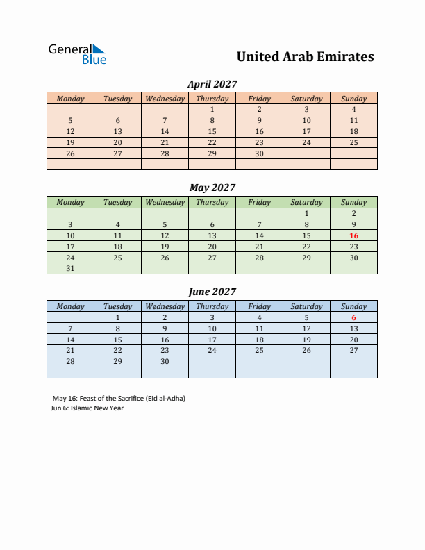 Q2 2027 Holiday Calendar - United Arab Emirates