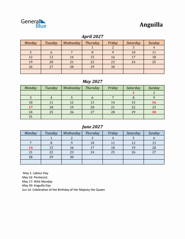 Q2 2027 Holiday Calendar - Anguilla