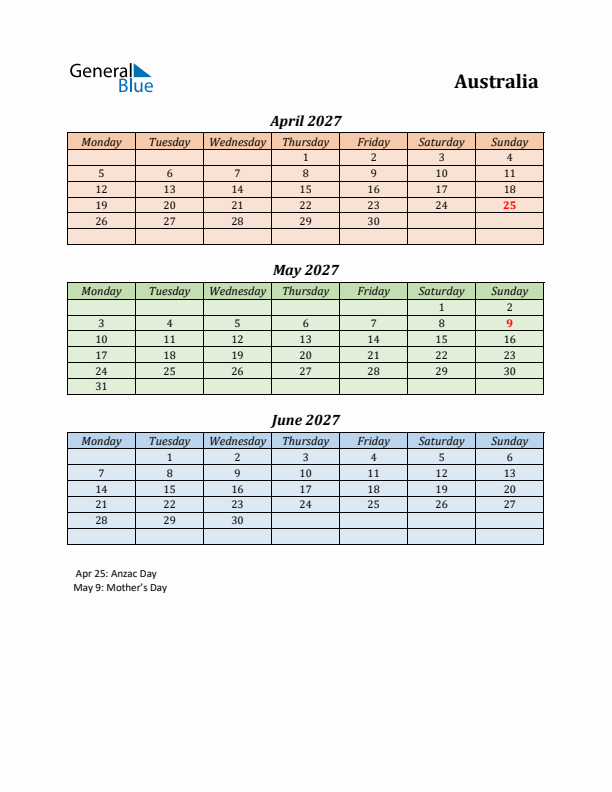 Q2 2027 Holiday Calendar - Australia