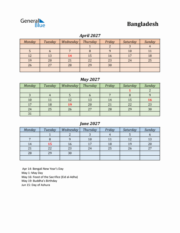 Q2 2027 Holiday Calendar - Bangladesh