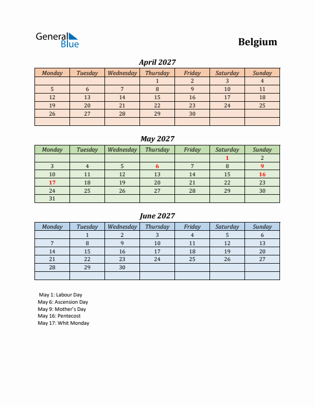 Q2 2027 Holiday Calendar - Belgium