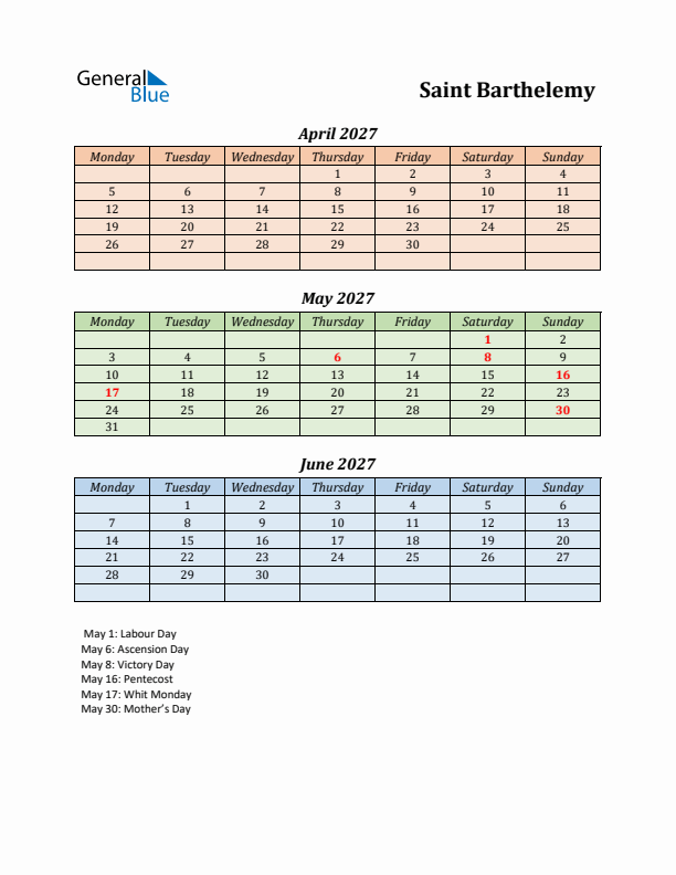 Q2 2027 Holiday Calendar - Saint Barthelemy