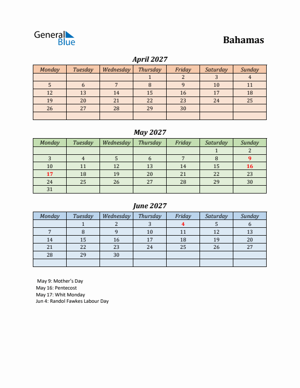 Q2 2027 Holiday Calendar - Bahamas