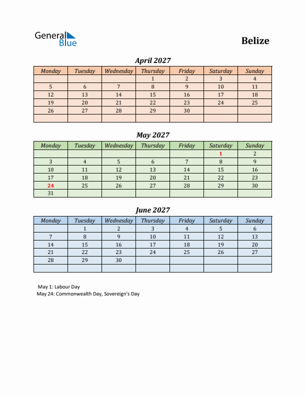 Q2 2027 Holiday Calendar - Belize