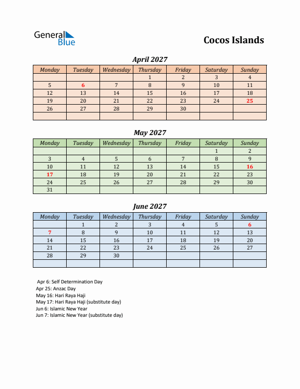 Q2 2027 Holiday Calendar - Cocos Islands