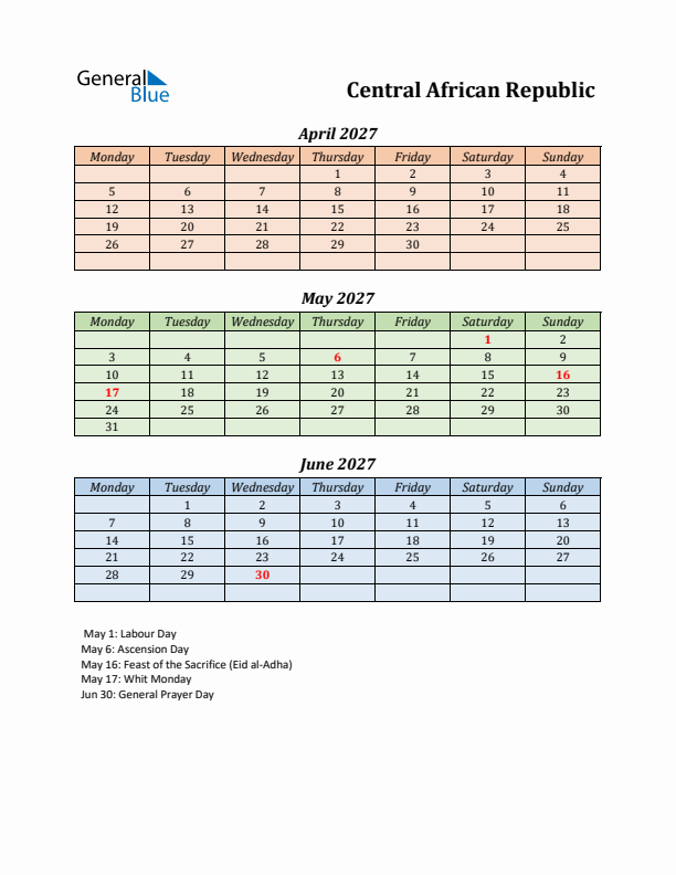 Q2 2027 Holiday Calendar - Central African Republic