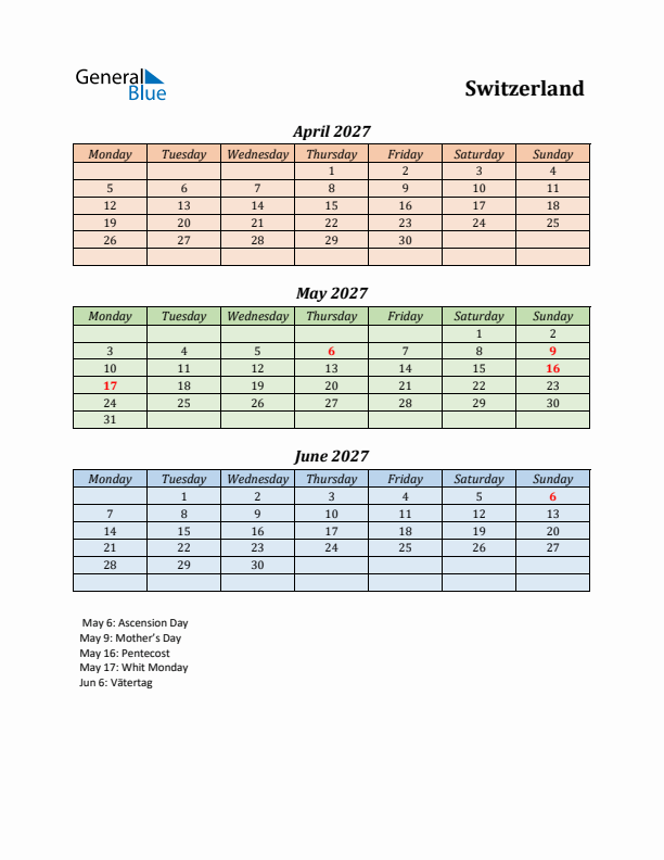 Q2 2027 Holiday Calendar - Switzerland