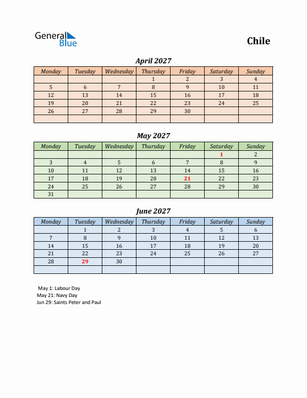 Q2 2027 Holiday Calendar - Chile