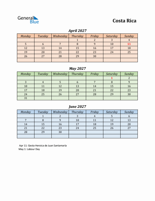 Q2 2027 Holiday Calendar - Costa Rica