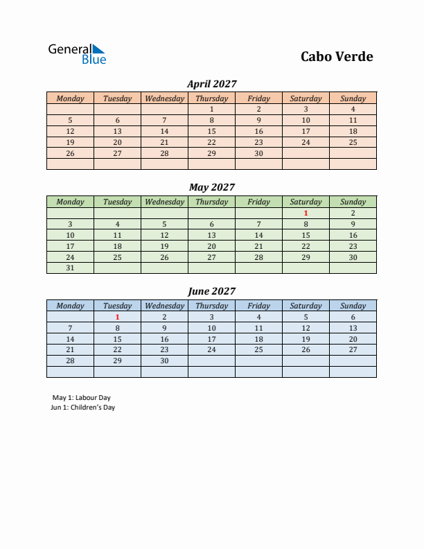 Q2 2027 Holiday Calendar - Cabo Verde