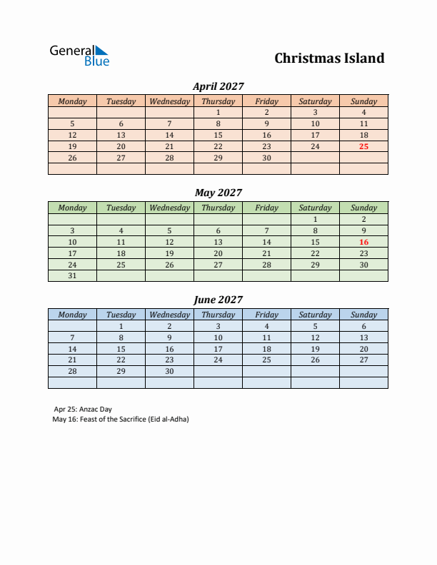 Q2 2027 Holiday Calendar - Christmas Island