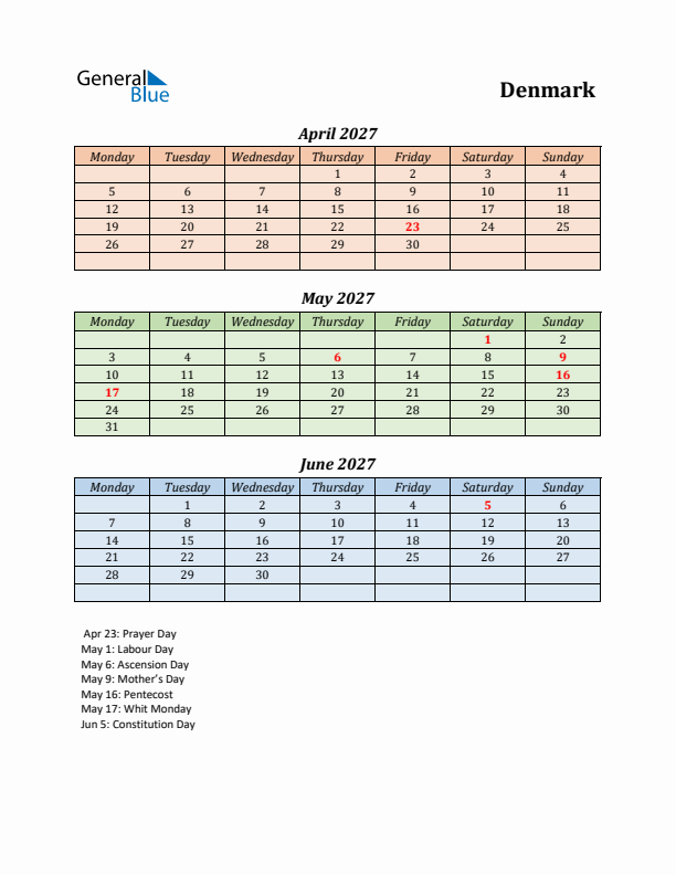 Q2 2027 Holiday Calendar - Denmark