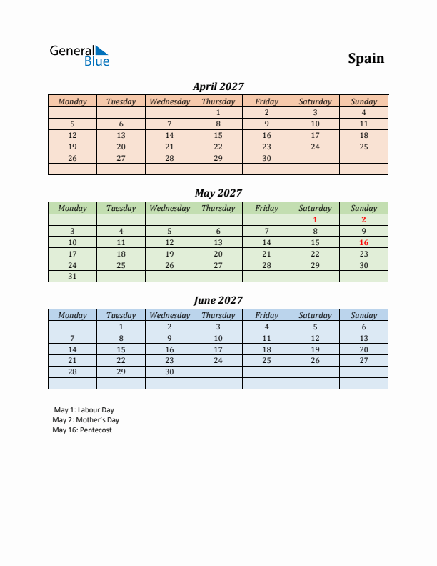 Q2 2027 Holiday Calendar - Spain