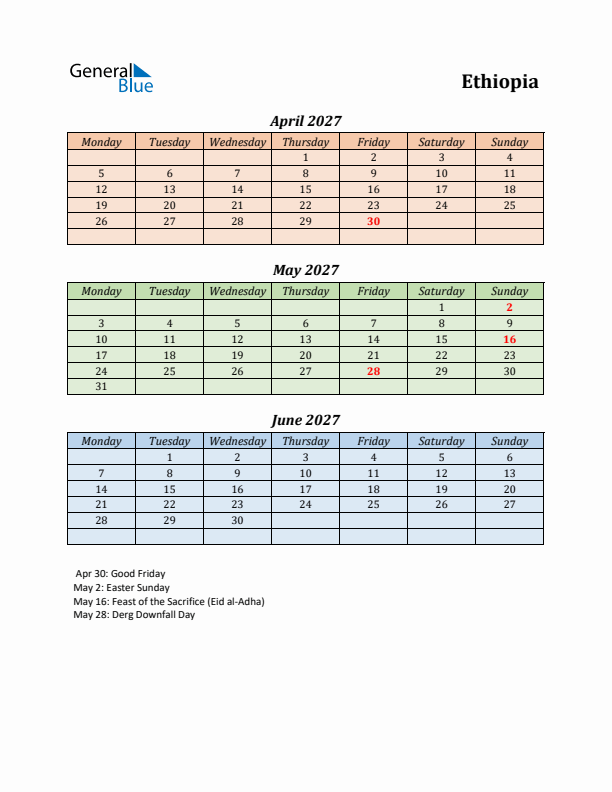 Q2 2027 Holiday Calendar - Ethiopia