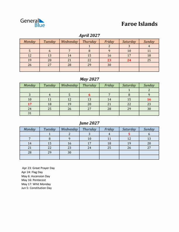 Q2 2027 Holiday Calendar - Faroe Islands