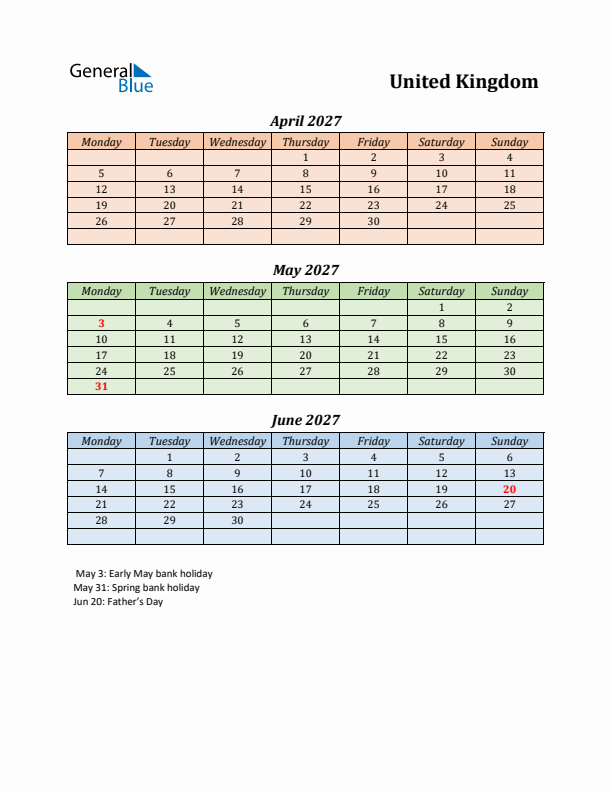 Q2 2027 Holiday Calendar - United Kingdom