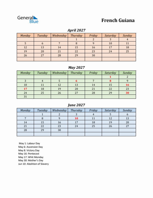 Q2 2027 Holiday Calendar - French Guiana