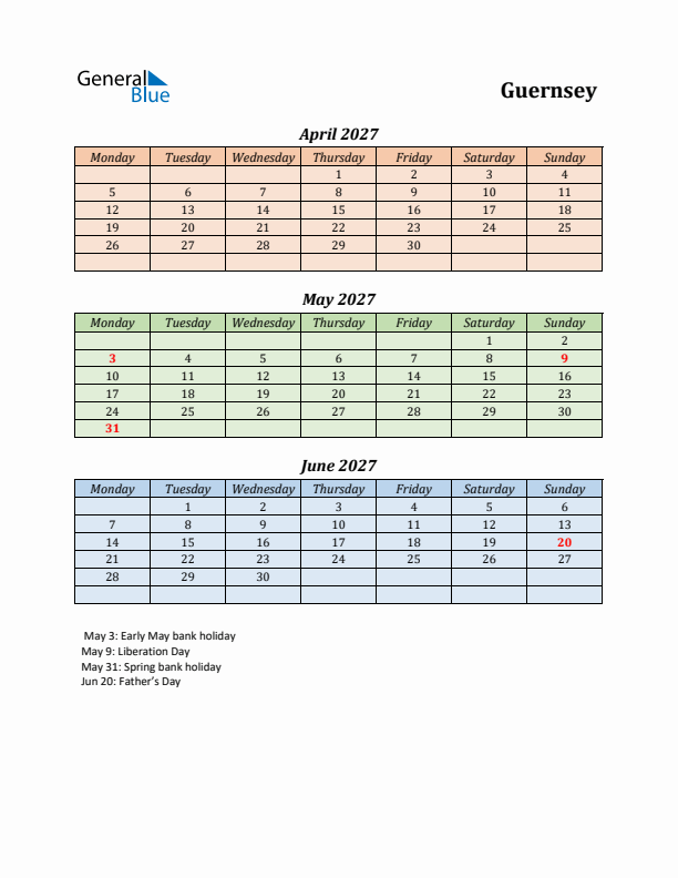 Q2 2027 Holiday Calendar - Guernsey