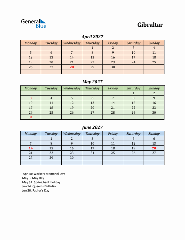 Q2 2027 Holiday Calendar - Gibraltar