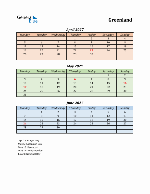 Q2 2027 Holiday Calendar - Greenland