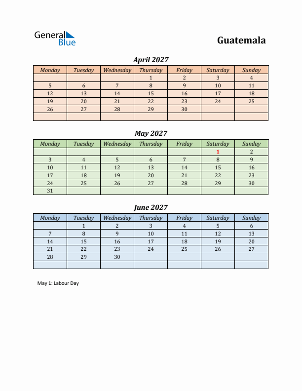 Q2 2027 Holiday Calendar - Guatemala