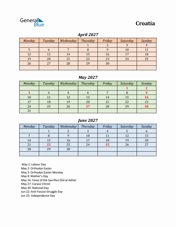 Q2 2027 Holiday Calendar - Croatia