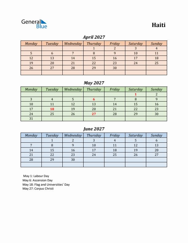 Q2 2027 Holiday Calendar - Haiti