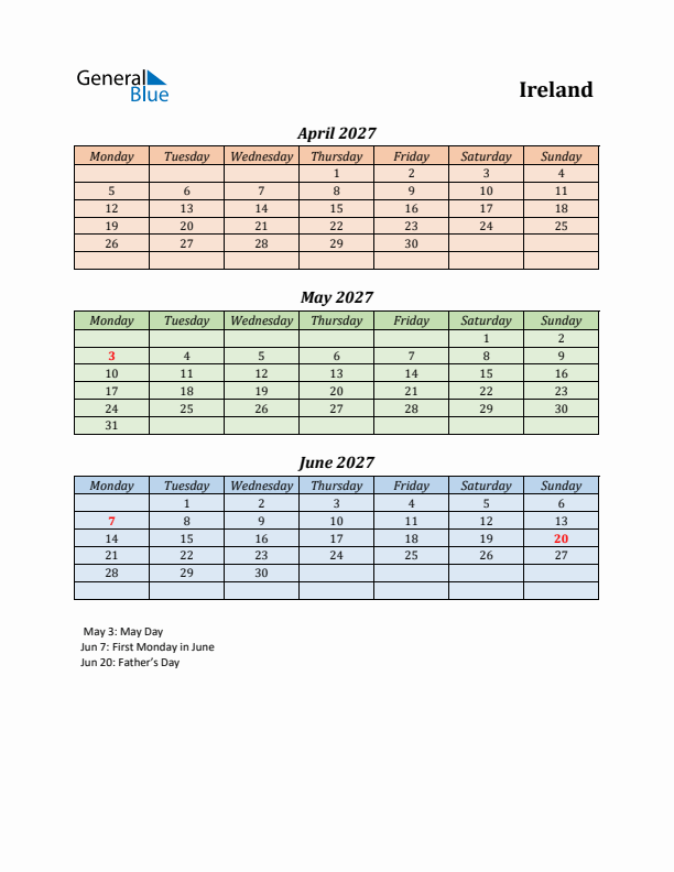 Q2 2027 Holiday Calendar - Ireland