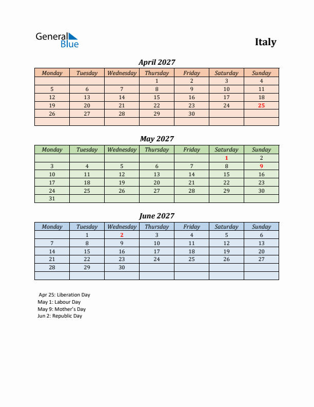 Q2 2027 Holiday Calendar - Italy