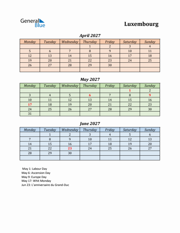 Q2 2027 Holiday Calendar - Luxembourg